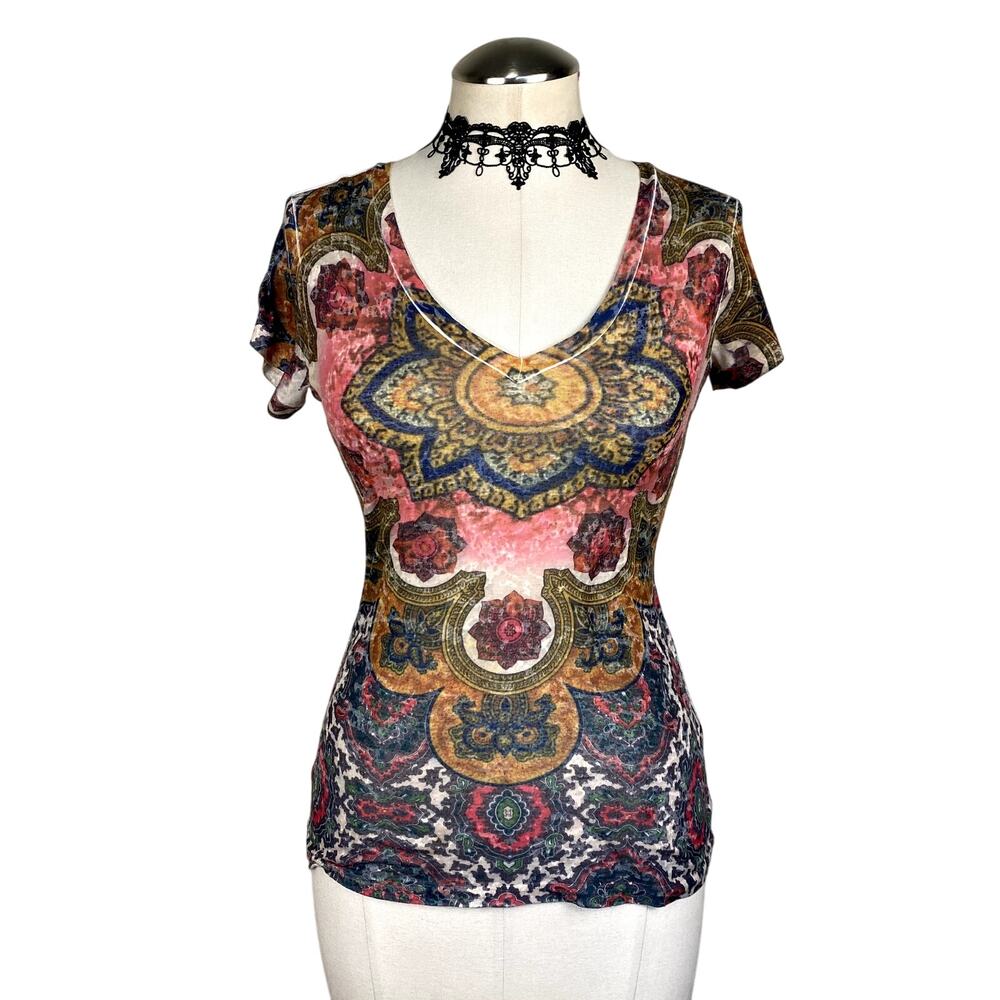 Mossimo Y2K Sheer Mandala Pattern Boho Hippie Summer Earthy Baby Tee Size Small